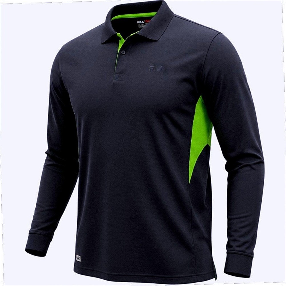 Fila Sport Golf Men's Polo Shirt Long Sleeve XL Navy Blue Lime Green Performance